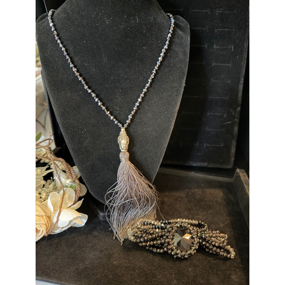 Buddha Tassel Necklace Bracelet Set Black Gray Crystal Beaded Boho Statement